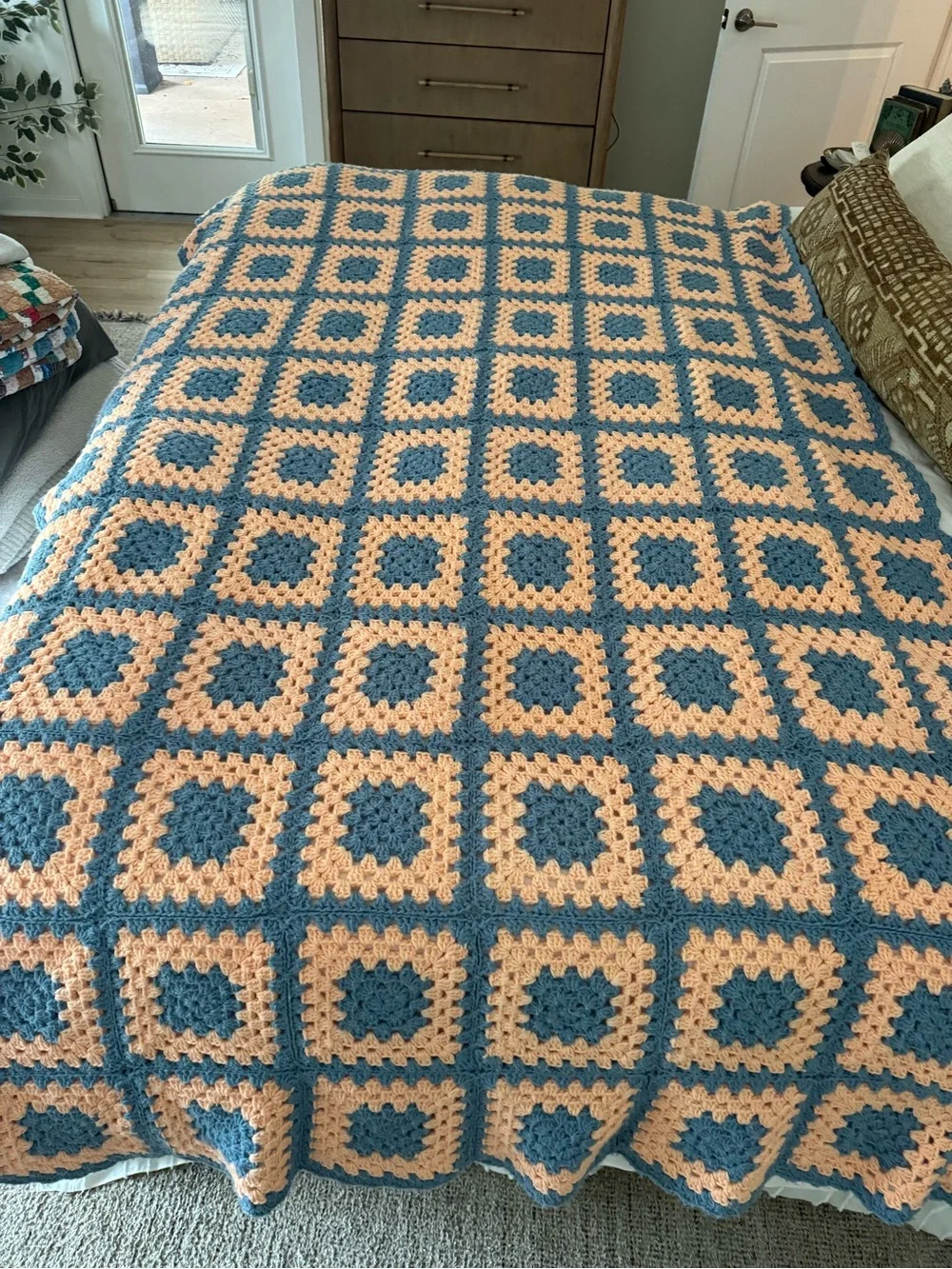 Handmade Peach and Teal Crochet Granny Square Bedspread
